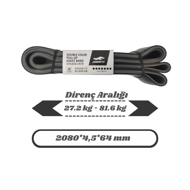 JOINFIT  Direnç Lastiği ve Egzersiz Bandı Turuncu-Gri Heavy  Marka: JOINFIT  Model No: J.S.059  Menşei: Çin  Materyal: %100 Doğal Kauçuk  Boyut: 2080x4,5x64 mm  Direnç Aralığı: 27,2 kg - 81,6 kg  Renk: Siyah - Gri