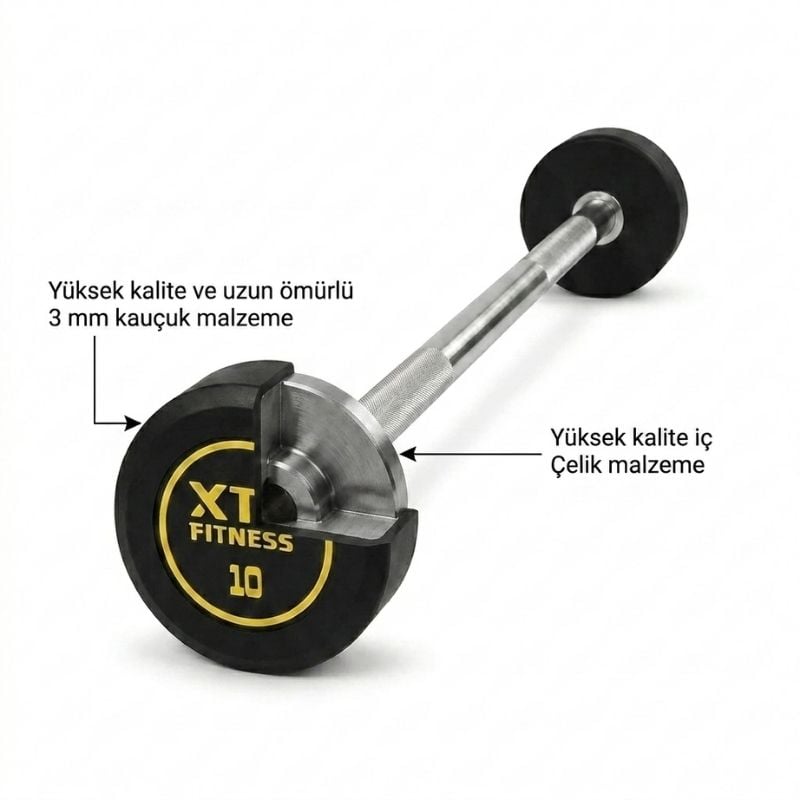 XTR Fitness Düz Bar iç yapısı: çelik çekirdek ve kauçuk kaplama kesiti