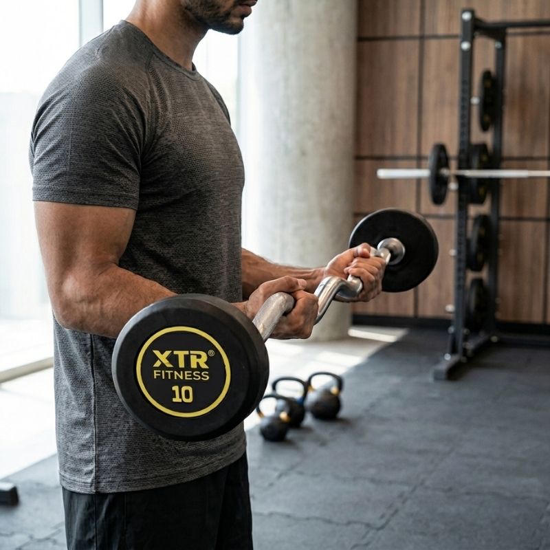 Sporcu XTR Fitness Z Barbell ile biceps curl çalışması yapıyor