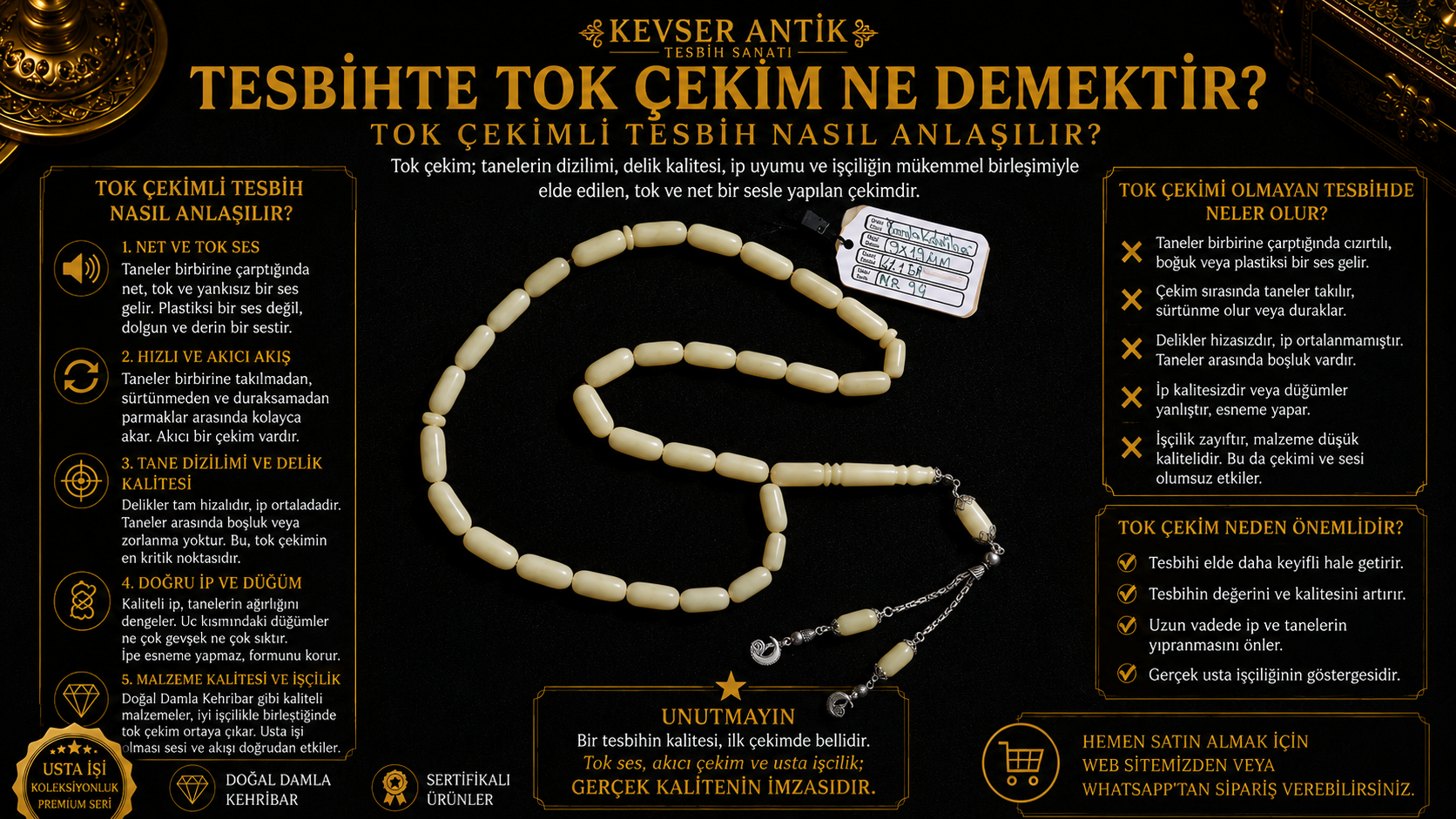 Tesbihte Tok Çekim Ne Demektir? Tok çekimli tesbih ve kaliteli çekim hissi rehberi - KevserAntik.com