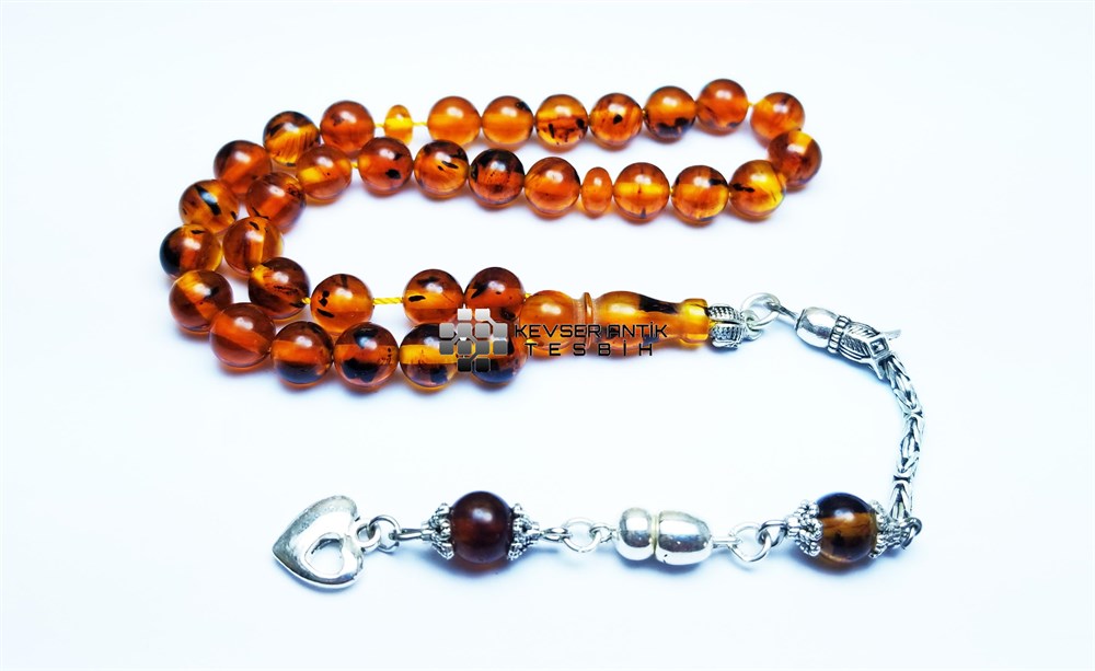 Fosil Hareli Sıkma Kehribar Tesbih