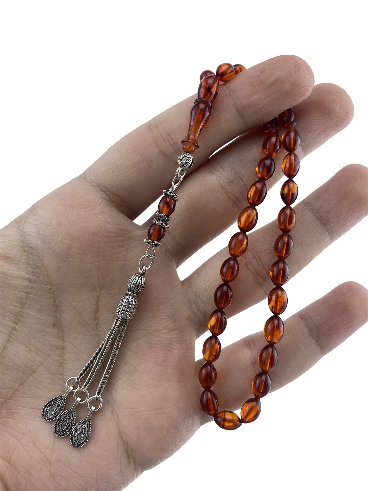 Fosilli Ateş Kehribar TesbihGümüş Püsküllü Fosilli Kehribar TesbihSıkma-Ateş Kehribar Tesbihler