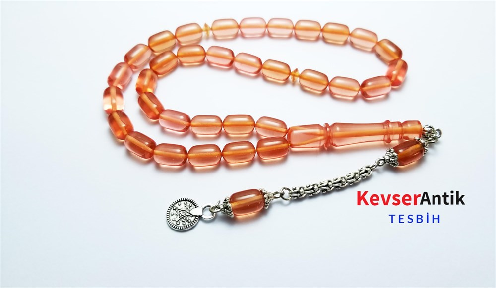 Gümüş Püsküllü  Ateş Kehribar Tesbih