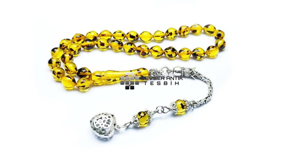 Gümüş Püsküllü Sıkma Kehribar Tesbih