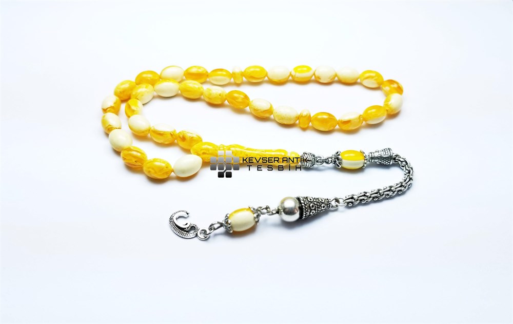 Sarı Hareli Sıkma Kehribar Tesbih
