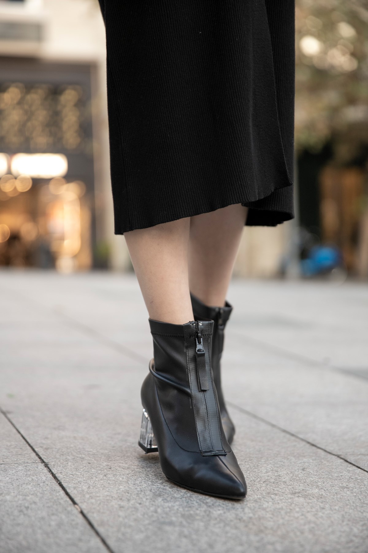 Babs Fermuarlı Siyah Streç Mat Düz 5cm Topuklu Kadın Çorap Bot | Nizar Deniz