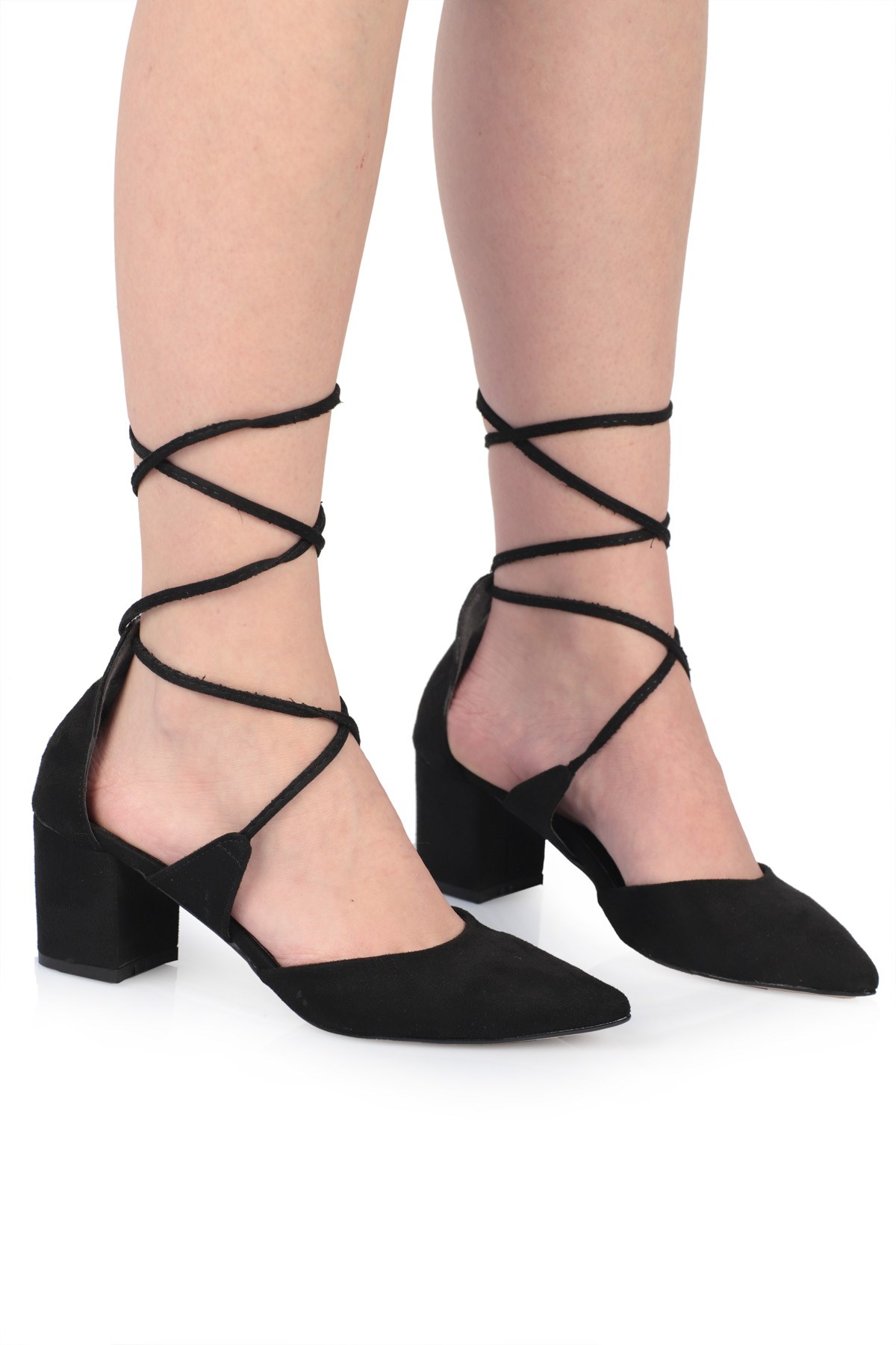 Canly Siyah Süet Bilekten Bağlamalı 5cm Kalın Topuklu Kadın Ayakkabı |  Nizar Deniz