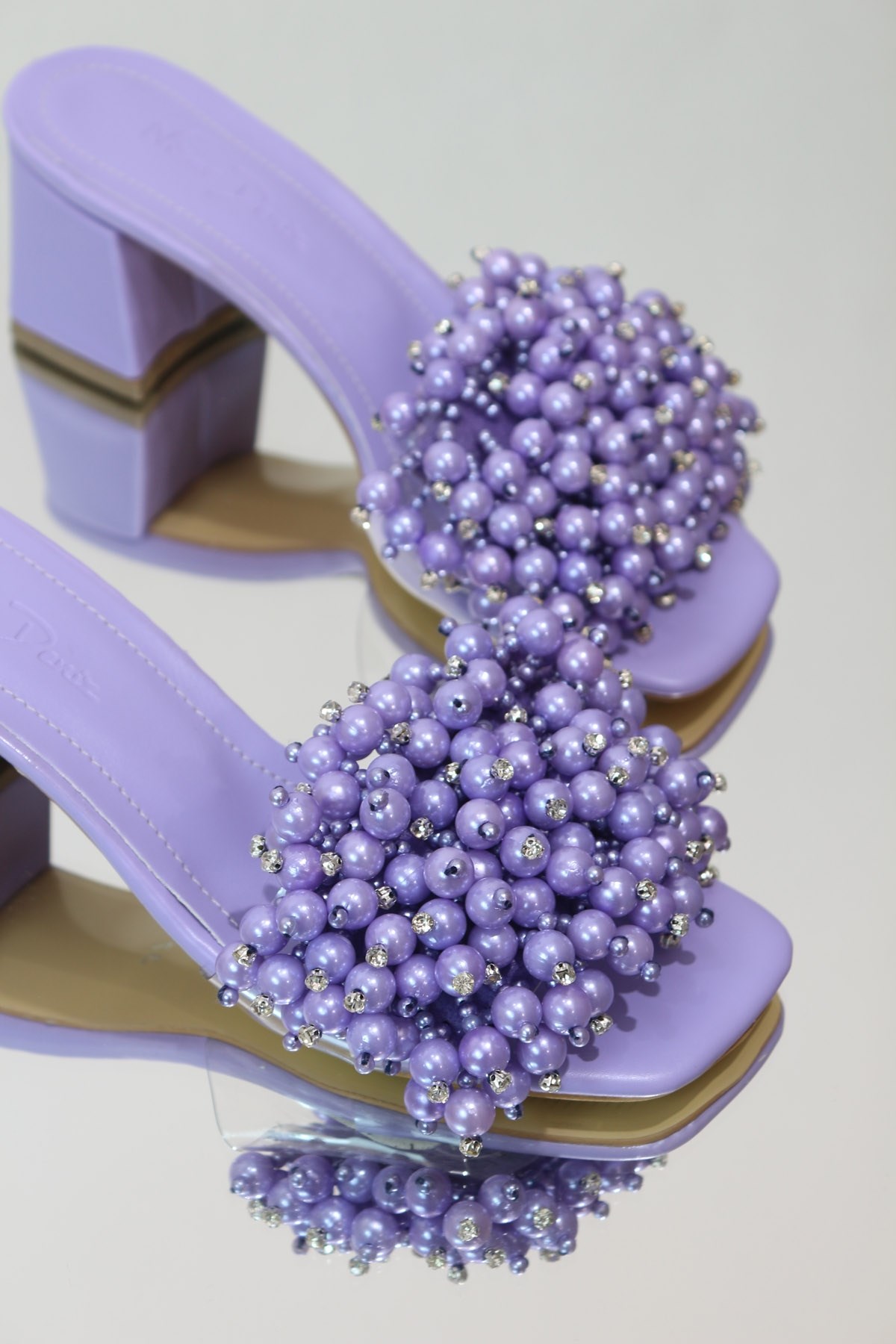Pearl Lila Taşlı  5Cm  Kısa Topuklu Bayan Sandalet