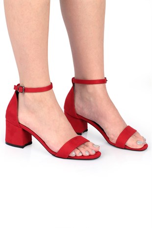 Simple Tek Bant Kırmızı Süet Kısa 5cm Topuklu Kadın Ayakkabı | Nizar Deniz