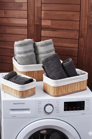 Sepet & DüzenlemeÇok Amaçlı Bambu 3'lü Sepet Seti Bej - Dekoratif Organizer ve Saklama Kutusu