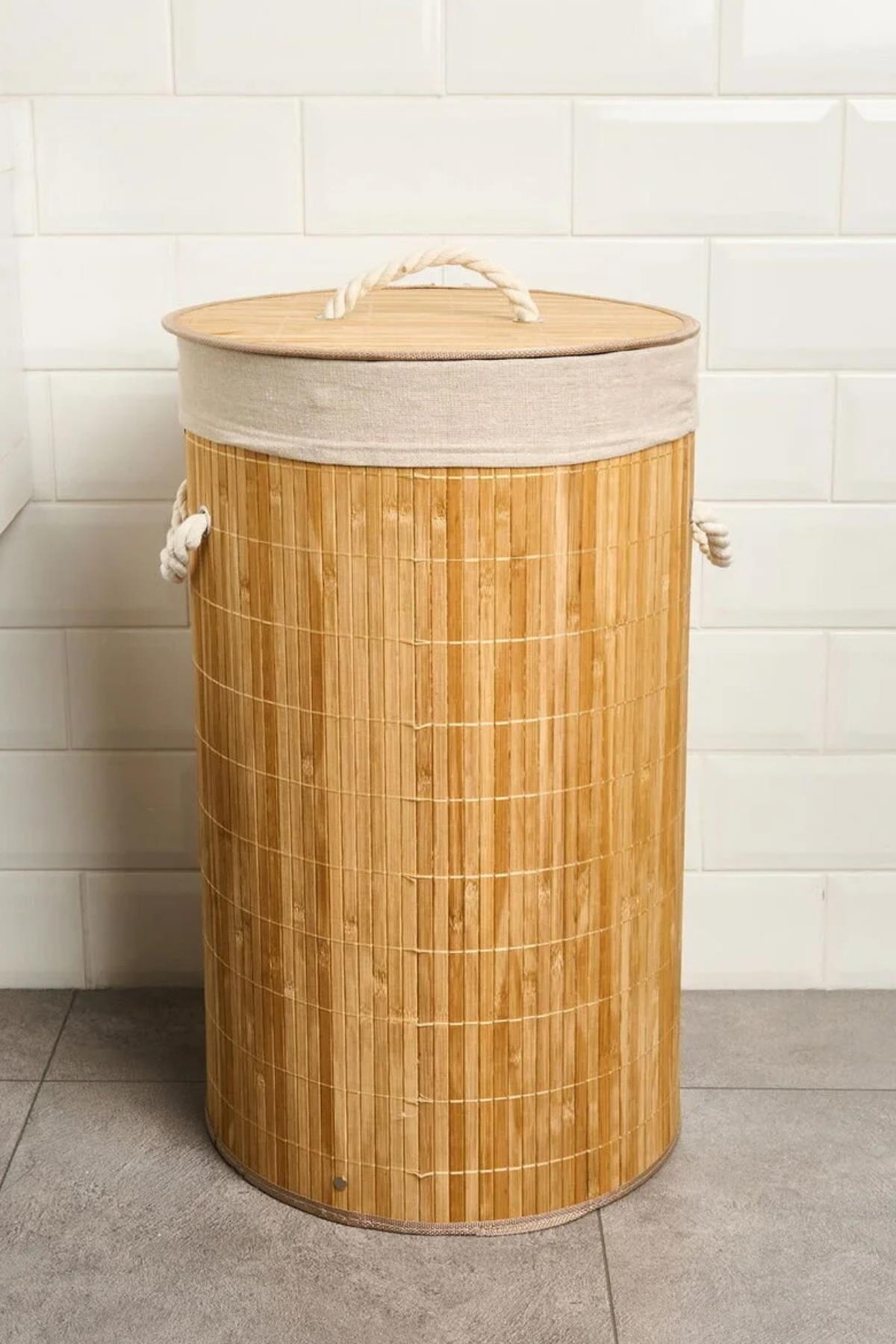 Sepet & DüzenlemeLiving Katlanır Yuvarlak Bambu Kirli Çamaşır Sepeti - Bej - 60 lt