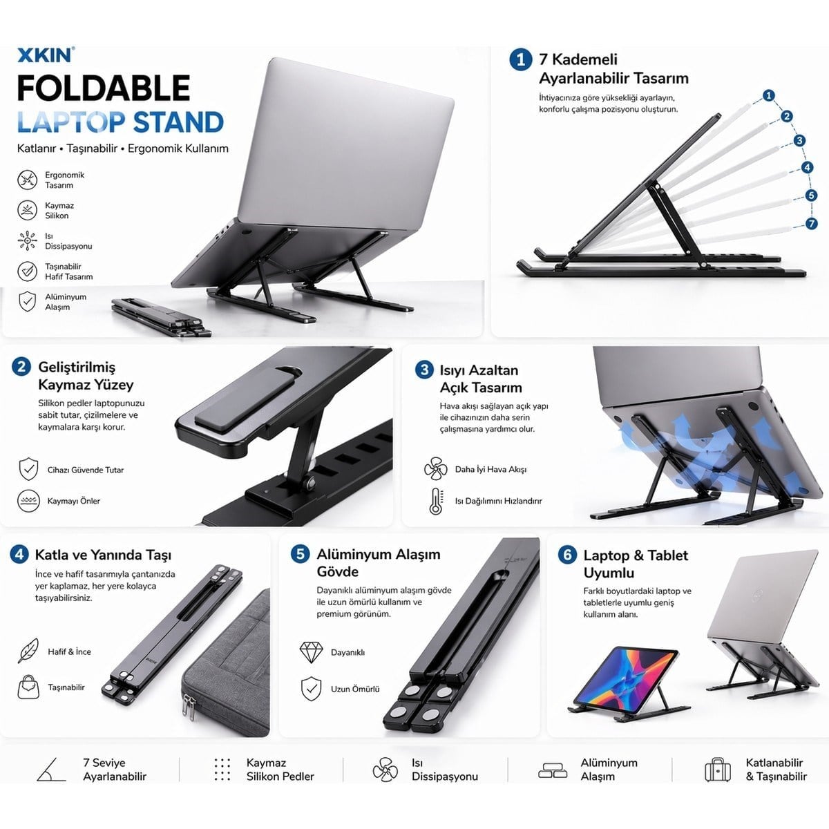 Bychie Xkin Alüminyum Ayarlı Laptop Macbook Notebook iPad Tablet Yükseltici Tutucu Standı