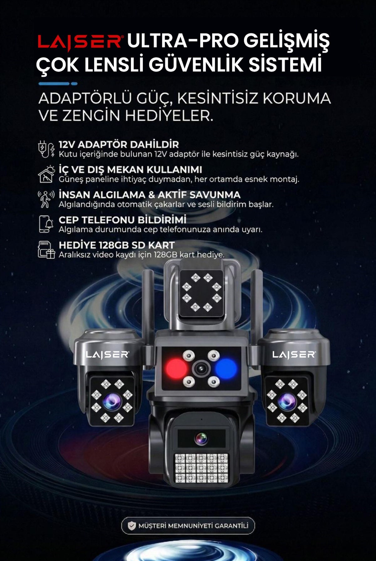 Laiser 4 Kameralı, 4G Sim Kartlı, Yıllık 180GB Turkcell İnternet ve 128GB SD Kart Dahil, Çakarlı, Sirenli