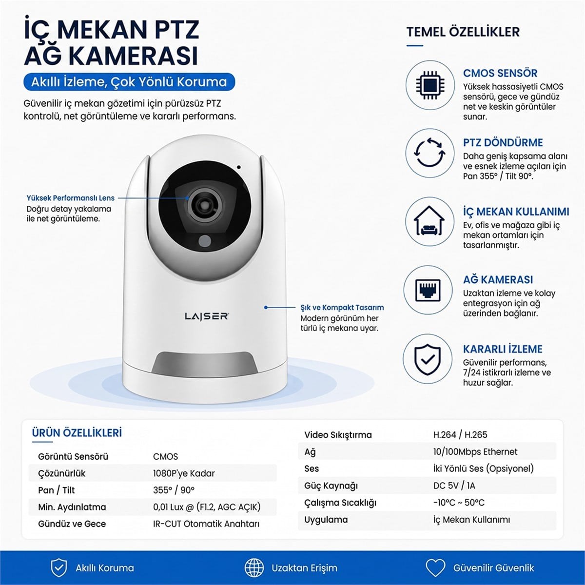 Laiser Bebek Evcil Hayvan Ve Ev Güvenlik Kamerası 1080p PTZ Kamera