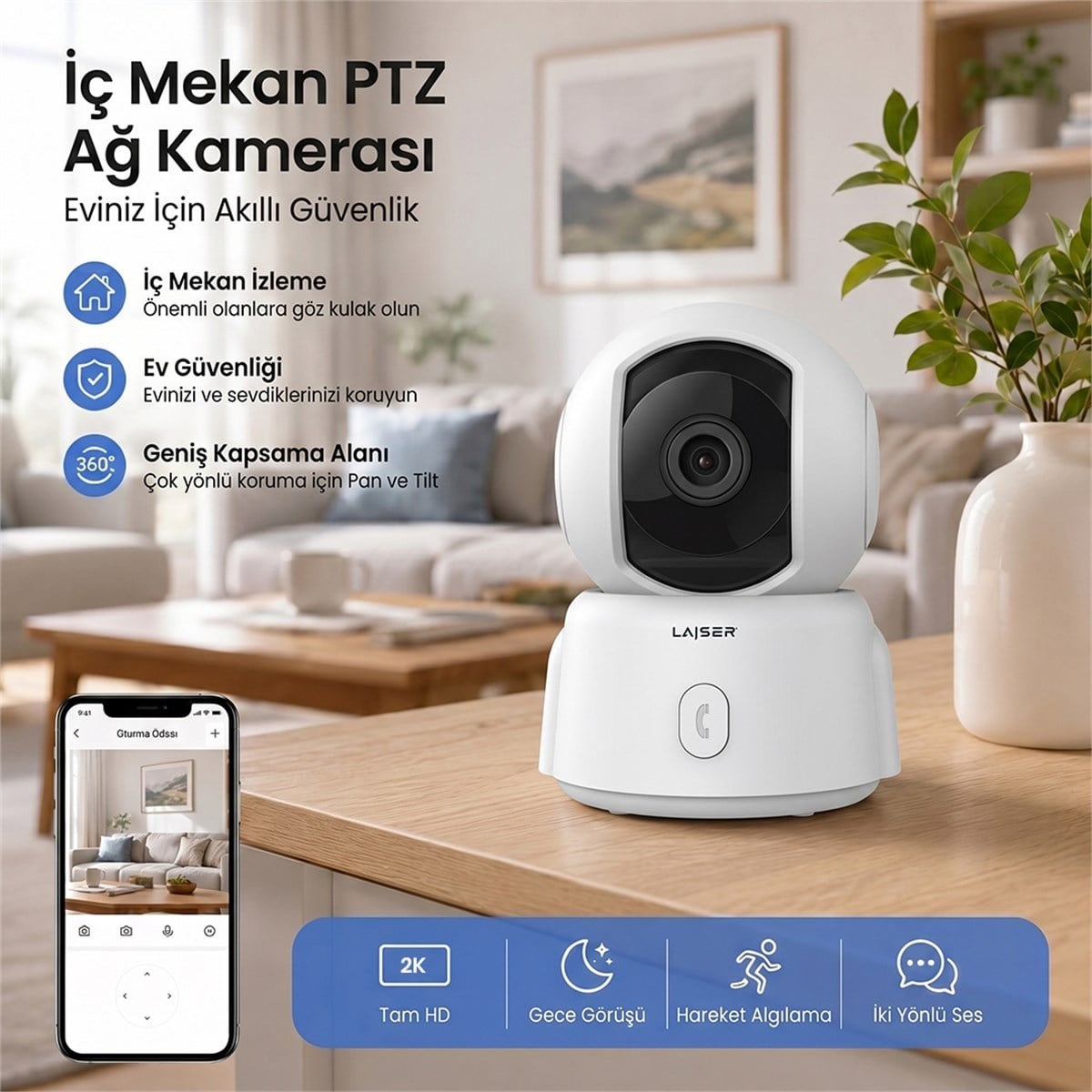 Laiser İndoor Bebek Evcil hayvan Ve Güvenlik Kamerası 2k PTZ Kamera