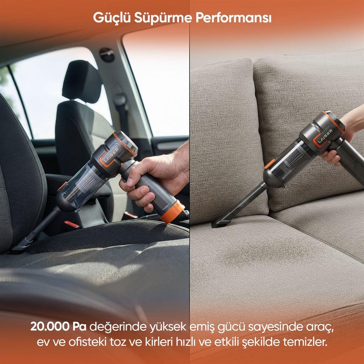 Laiser VT-120 5-in-1 Kablosuz Araç Süpürgesi: 20.000 Pa Güç & Değiştirilebilir 2 Bataryalı (Powerbank ve LED Işık Özellikli)