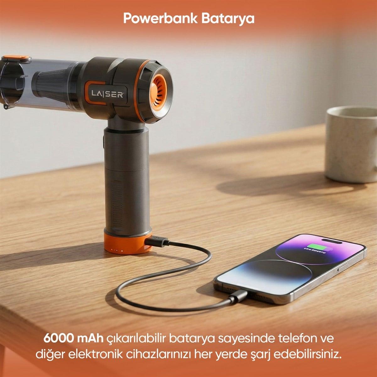 Laiser VT-120 5-in-1 Kablosuz Araç Süpürgesi: 20.000 Pa Güç & Değiştirilebilir 2 Bataryalı (Powerbank ve LED Işık Özellikli)
