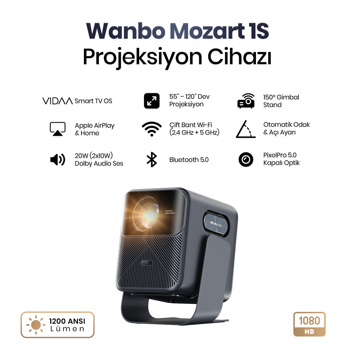 Wanbo Mozart 1S 1200 ANSI VIDAA Voice Full HD  Akıllı Projeksiyon Cihazı 4K Destekler Dahili Gimbal Stand