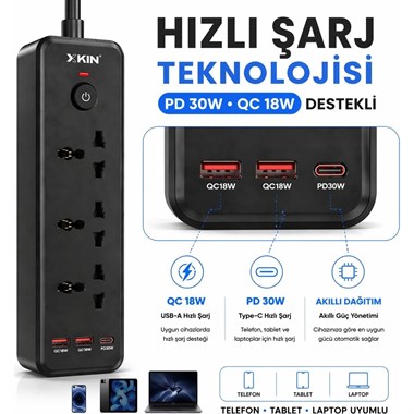 Bychie Xkin 2500W Akım Korumalı Priz 6lı USB-C PD 30W