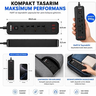 Bychie Xkin 2500W Akım Korumalı Priz 6lı USB-C PD 30W