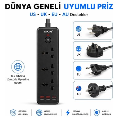 Bychie Xkin 2500W Akım Korumalı Priz 6lı USB-C PD 30W