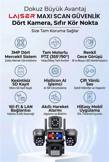 Laiser 4 Kameralı Wifi - MAXI Scan Pro - Çakarlı - 64 Kanal VMS Kablosuz Kamera