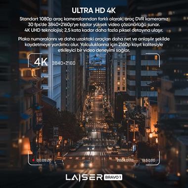 Laiser Bravo 1 Araç Kamerası | 2 Kanal 2K + FHD Arka | HDR | GPS Wi-Fi | 3,2