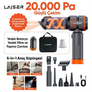 Laiser VT-120 5-in-1 Kablosuz Araç Süpürgesi: 20.000 Pa Güç & Değiştirilebilir 2 Bataryalı (Powerbank ve LED Işık Özellikli)