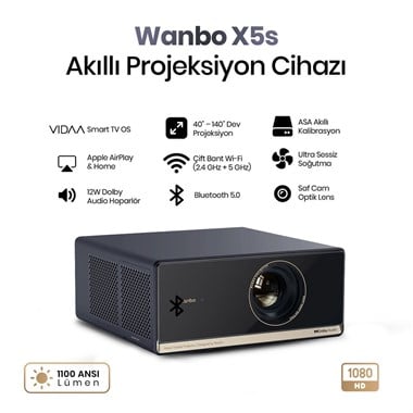 Wanbo X5 S 1100 ANSI Full HD VIDAA Voice Projeksiyon Cihazı | 4K Destekler | WiFi | Bluetooth