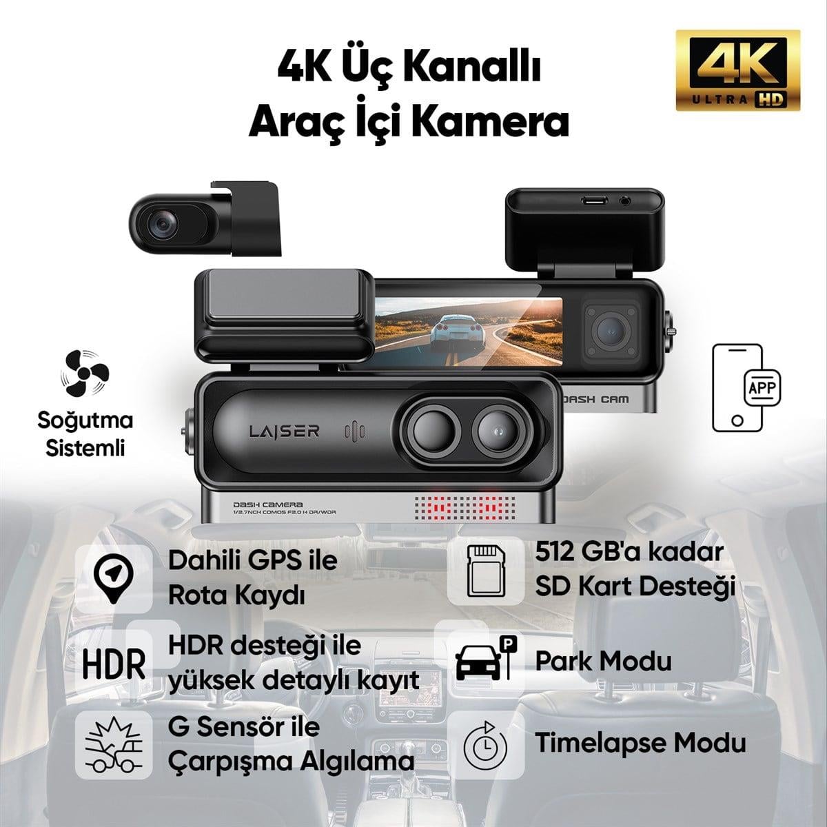 Laiser Alpha 1 4K Araç İçi Kamera 3 Kanallı | Sony IMX678 | GPS + Wi-Fi + Park Modu | Ön-İç-Arka