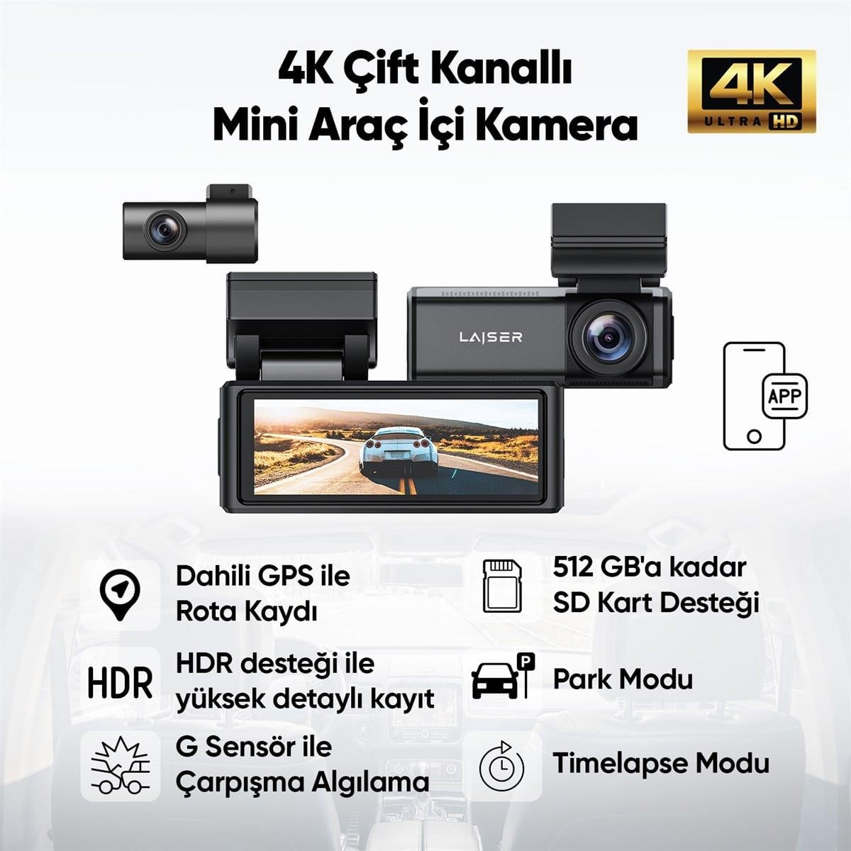 Laiser Bravo 1 Araç Kamerası | 2 Kanal 2K + FHD Arka | HDR | GPS Wi-Fi | 3,2