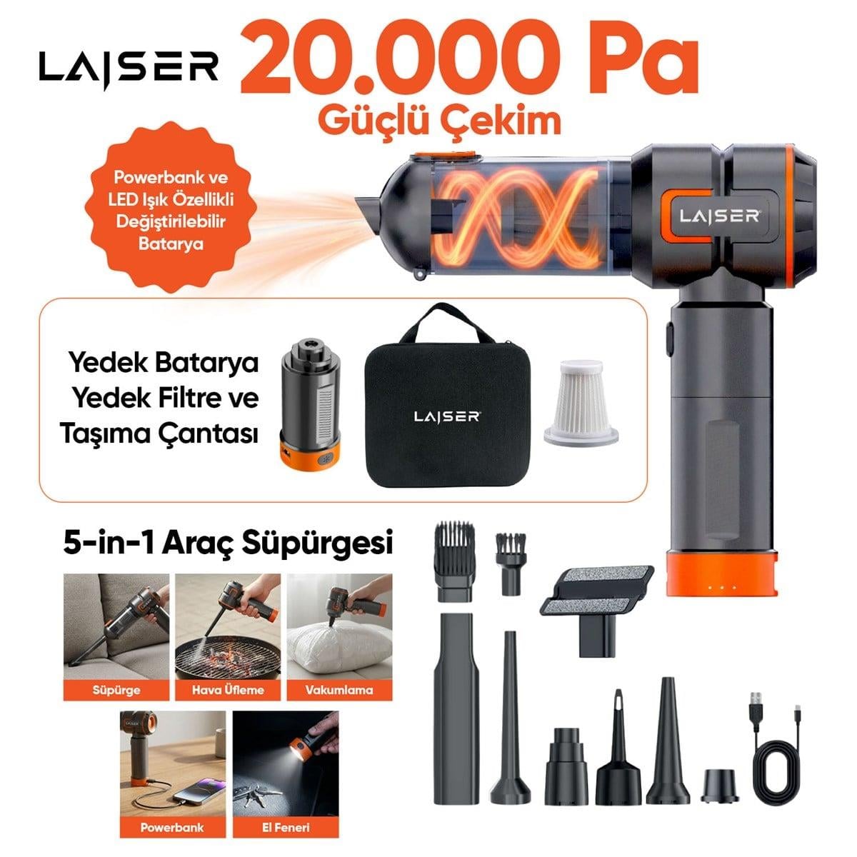 Laiser VT-120 5-in-1 Kablosuz Araç Süpürgesi: 20.000 Pa Güç & Değiştirilebilir 2 Bataryalı (Powerbank ve LED Işık Özellikli)