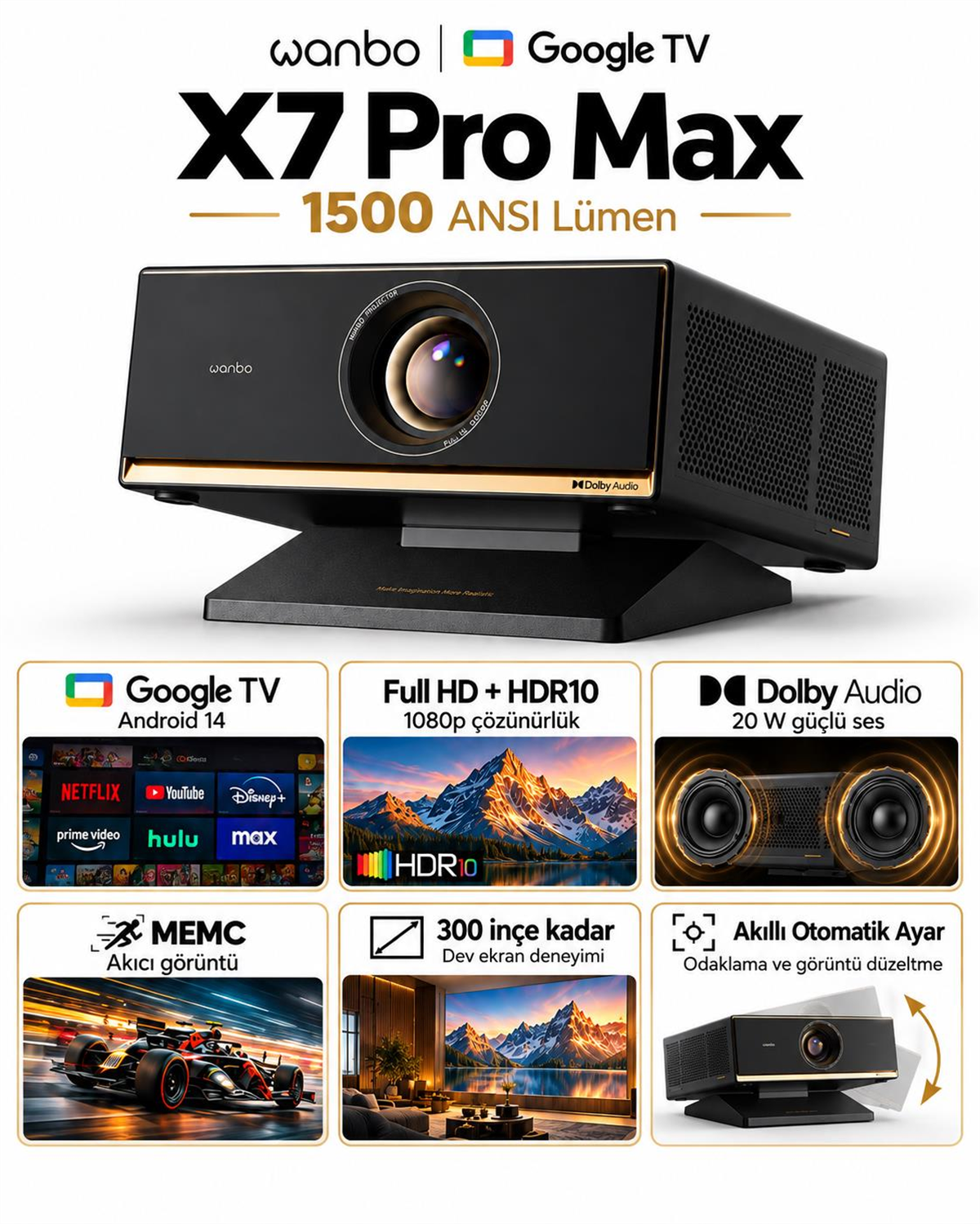 Wanbo X7 Pro Max Google TV Akıllı Projeksiyon Cihazı – 1500 ANSI Lümen, Full HD, MEMC ve Dolby Audio
