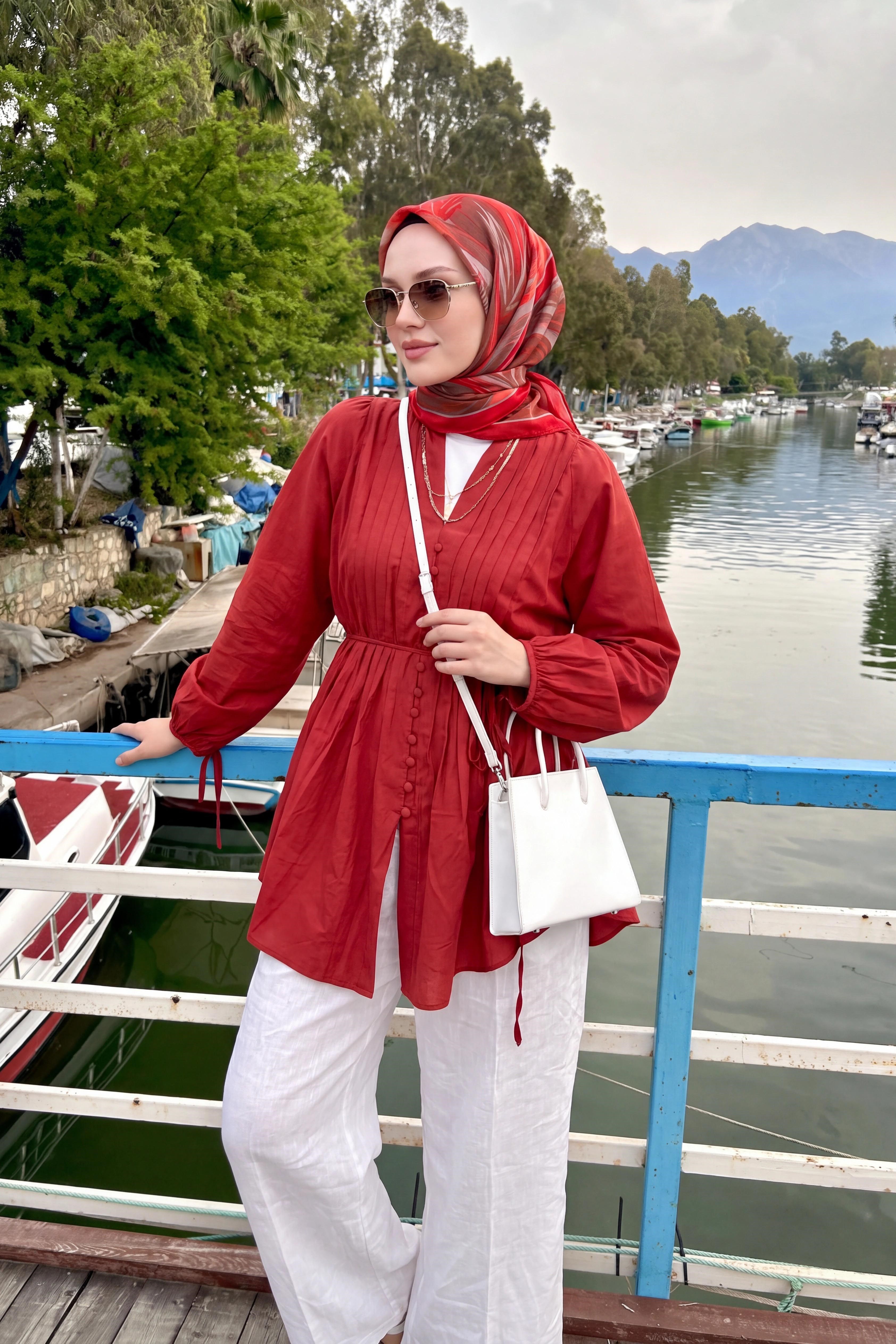Velora Eşarp Fırça Desen Kırmızı