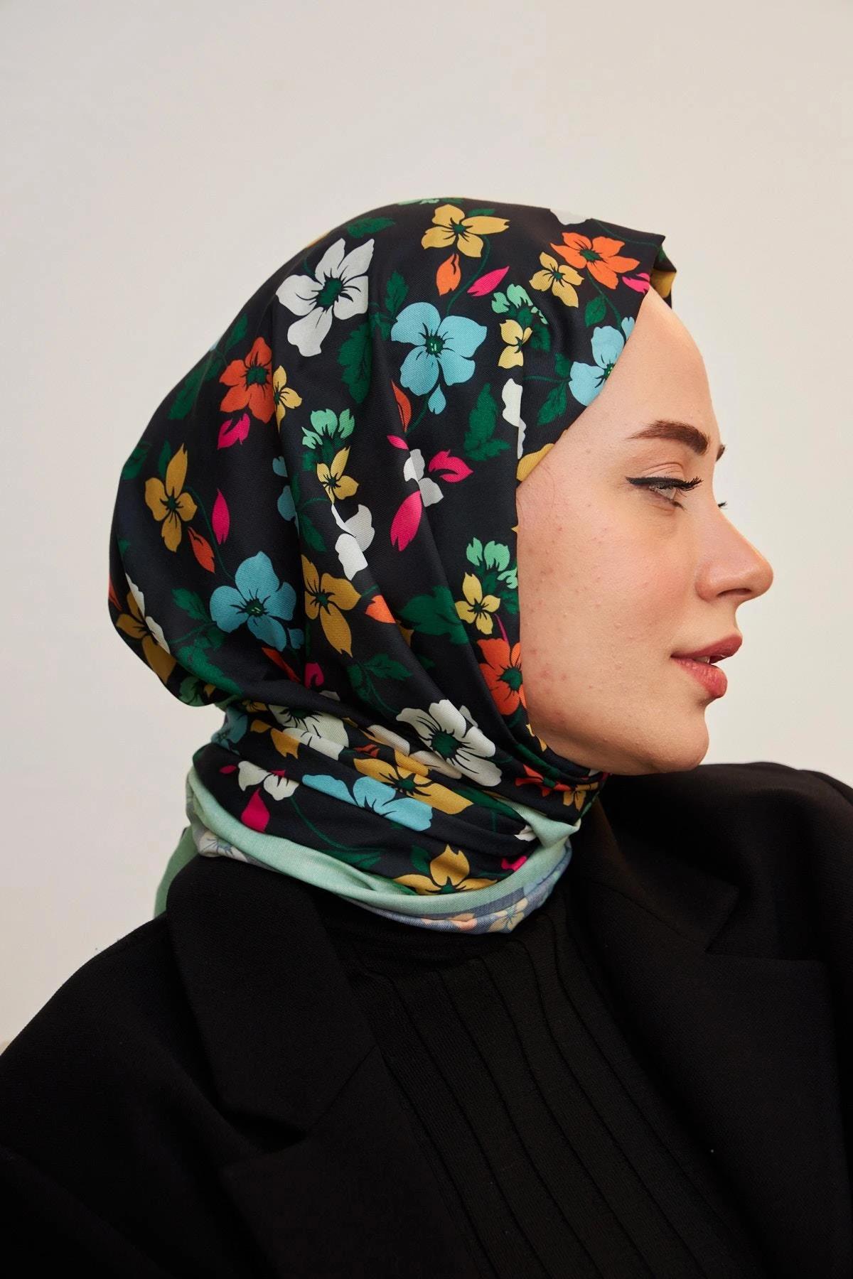 Amelia Desenli Pamuk Şal Siyah Turkuaz 3025-21