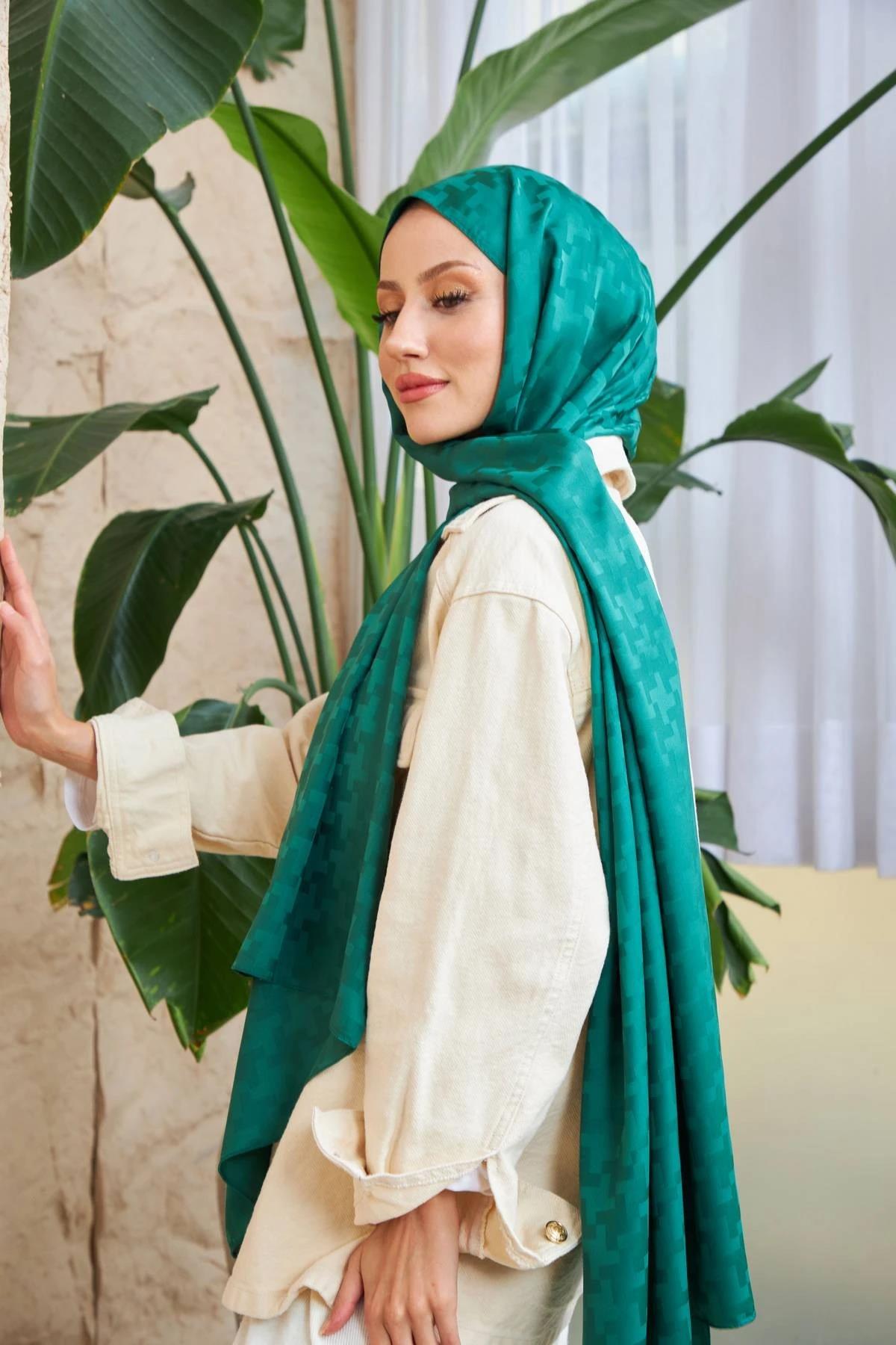 Cross Desen İpeksi Jakar Şal Zümrüt Yeşili 9006-02