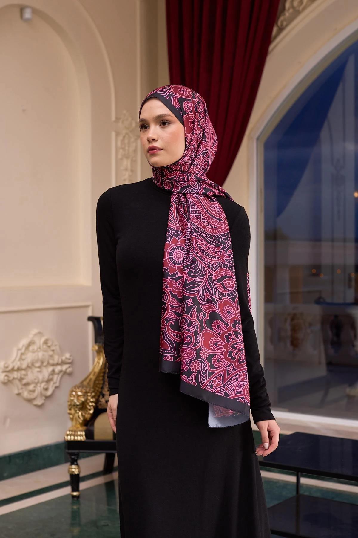 Desenli Vual Şal Fuşya Siyah Vual İpek Şal - 9803-08