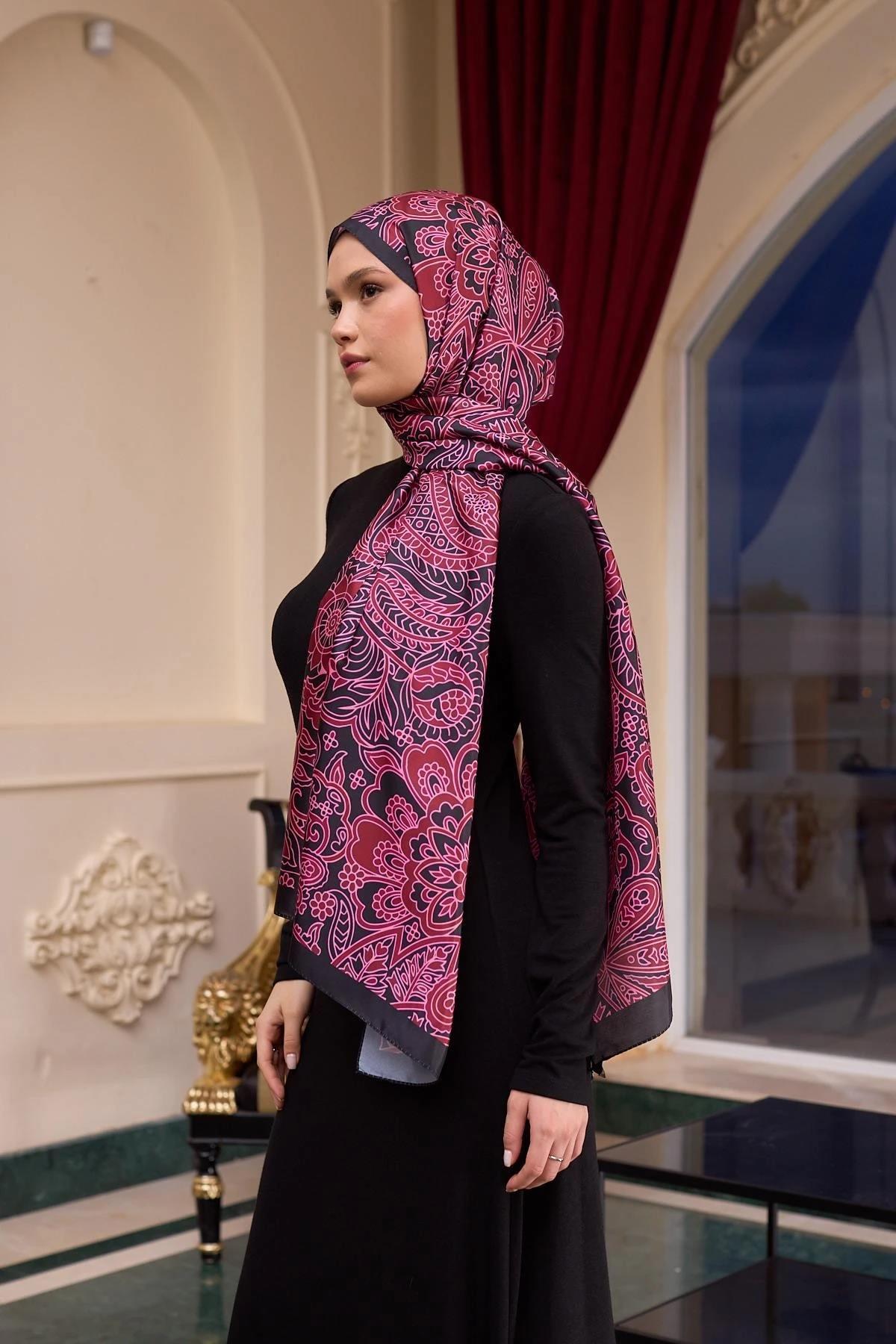 Desenli Vual Şal Fuşya Siyah Vual İpek Şal - 9803-08