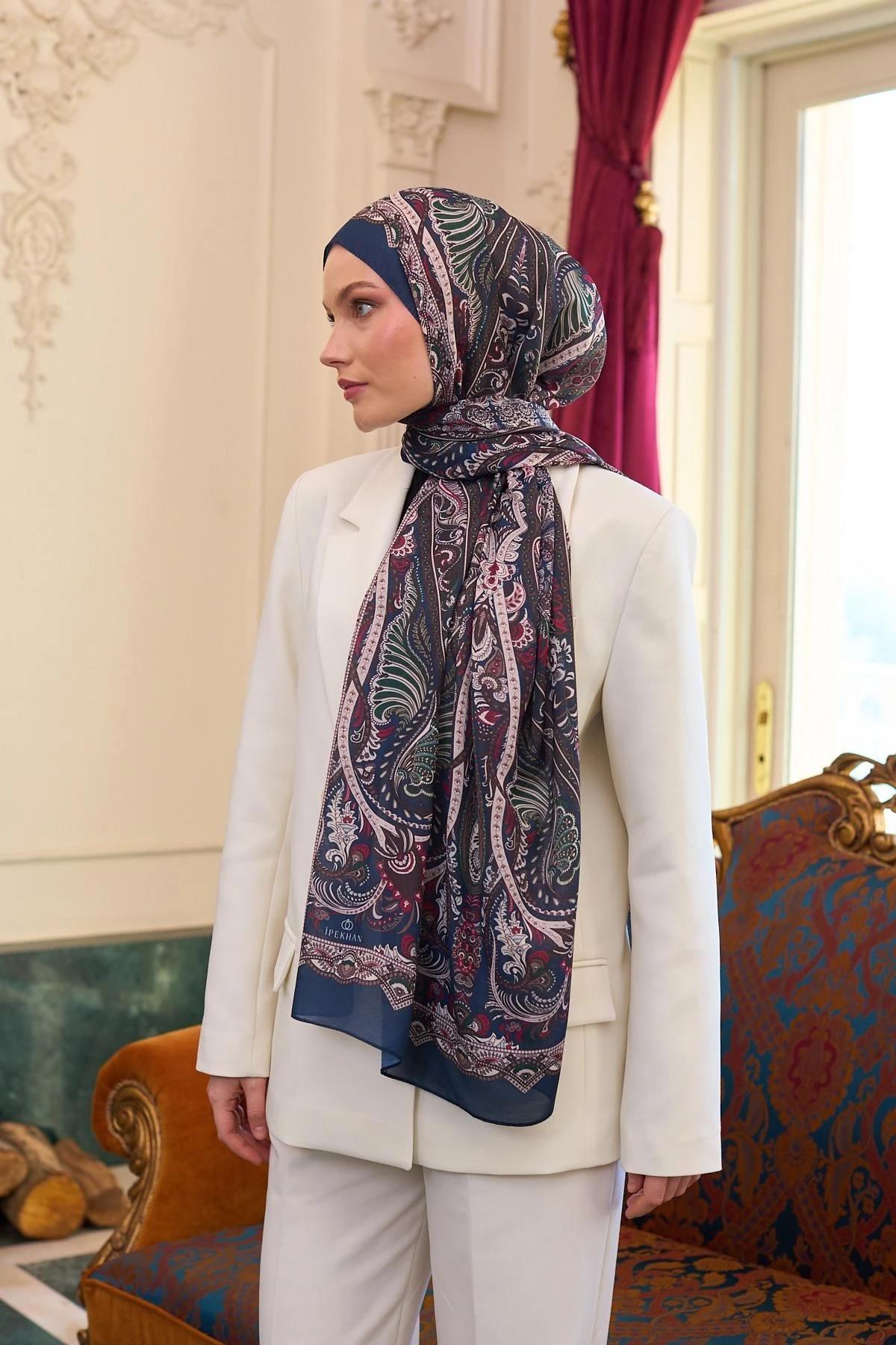 Desenli Vual Şal Lacivert Bordo Vual İpek Şal - 9804-09