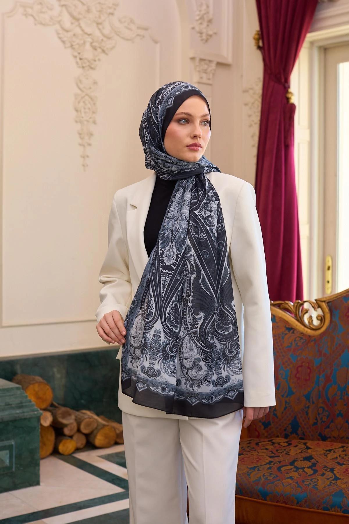 Desenli Vual Şal Siyah Beyaz Vual İpek Şal - 9804-16