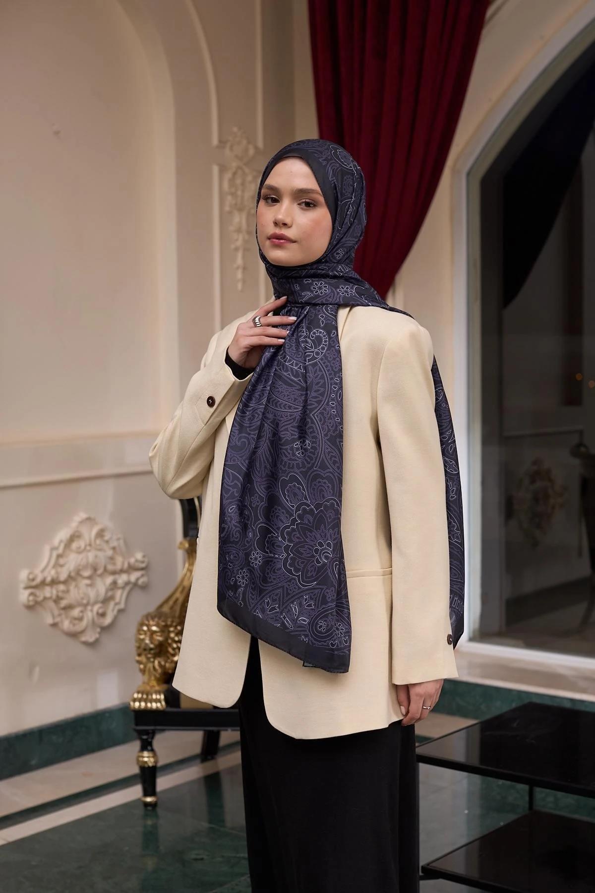 Desenli Vual Şal Siyah Mor Vual İpek Şal - 9803-25