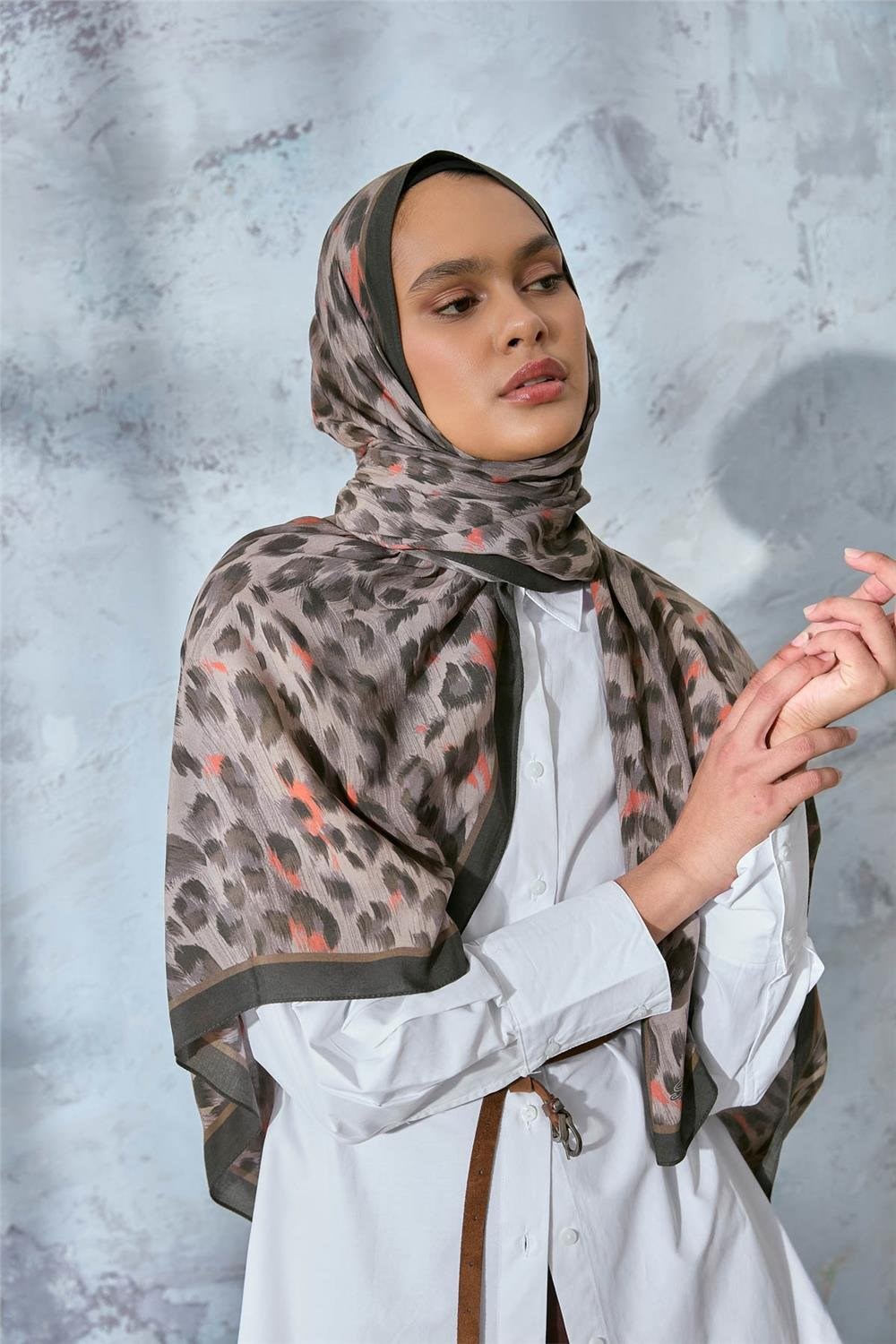 Eco Viscose Şal Vizon Turuncu Antrasit Leopar Desenli Nefes Alan 90X200