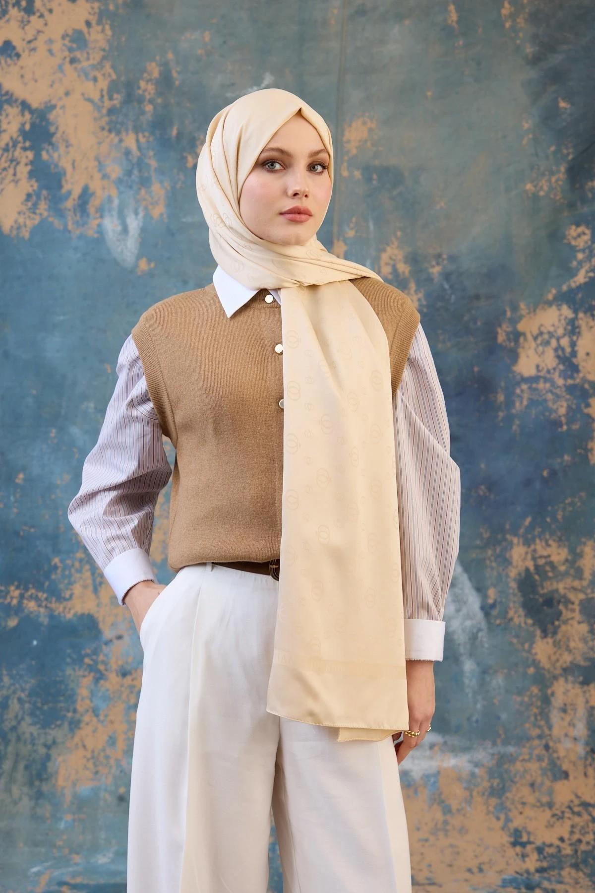 Fall Winter İpeksi Jakar Şal Krem 9018-24