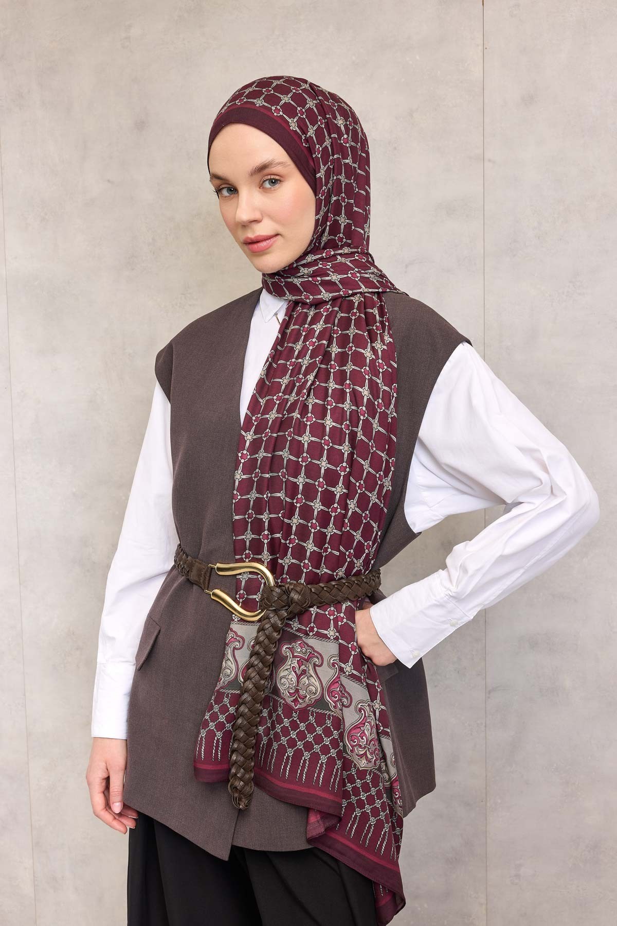 Floş Viskon Organik Şal Vişne Çürüğü Halat Desenli Tok Duruşlu 75X195