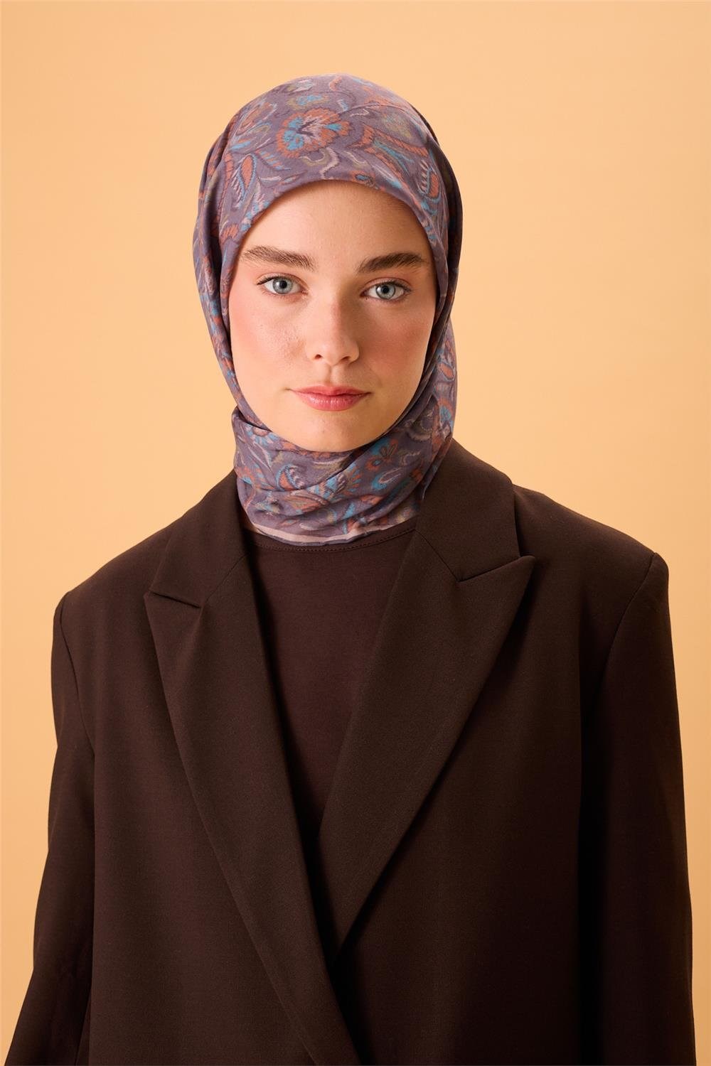 İnce Pamuk Soft Eşarp Mor-Gök Mavi Desenli Tok Duruşlu 90X90