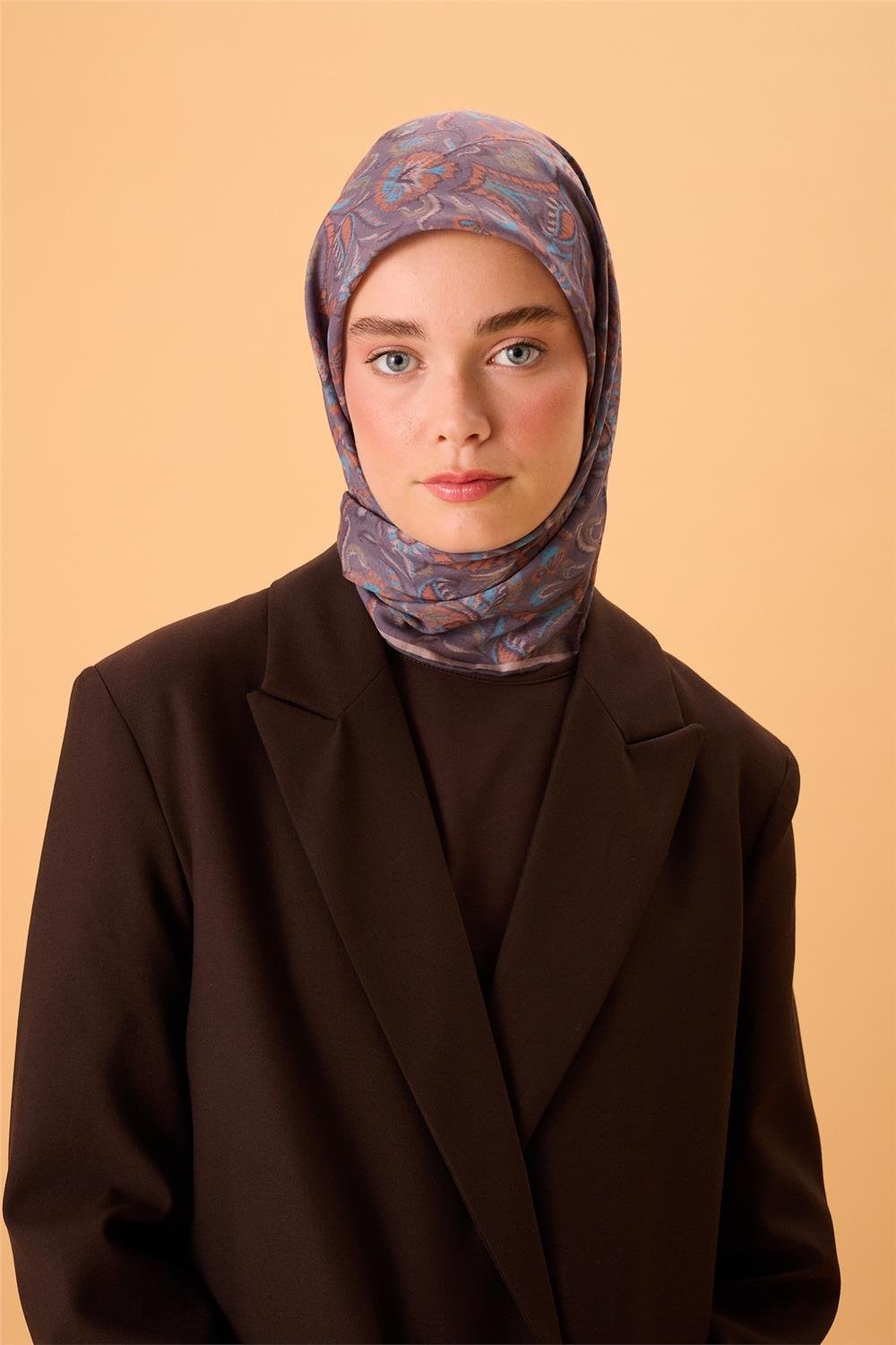 İnce Pamuk Soft Eşarp Mor-Gök Mavi Desenli Tok Duruşlu 90X90
