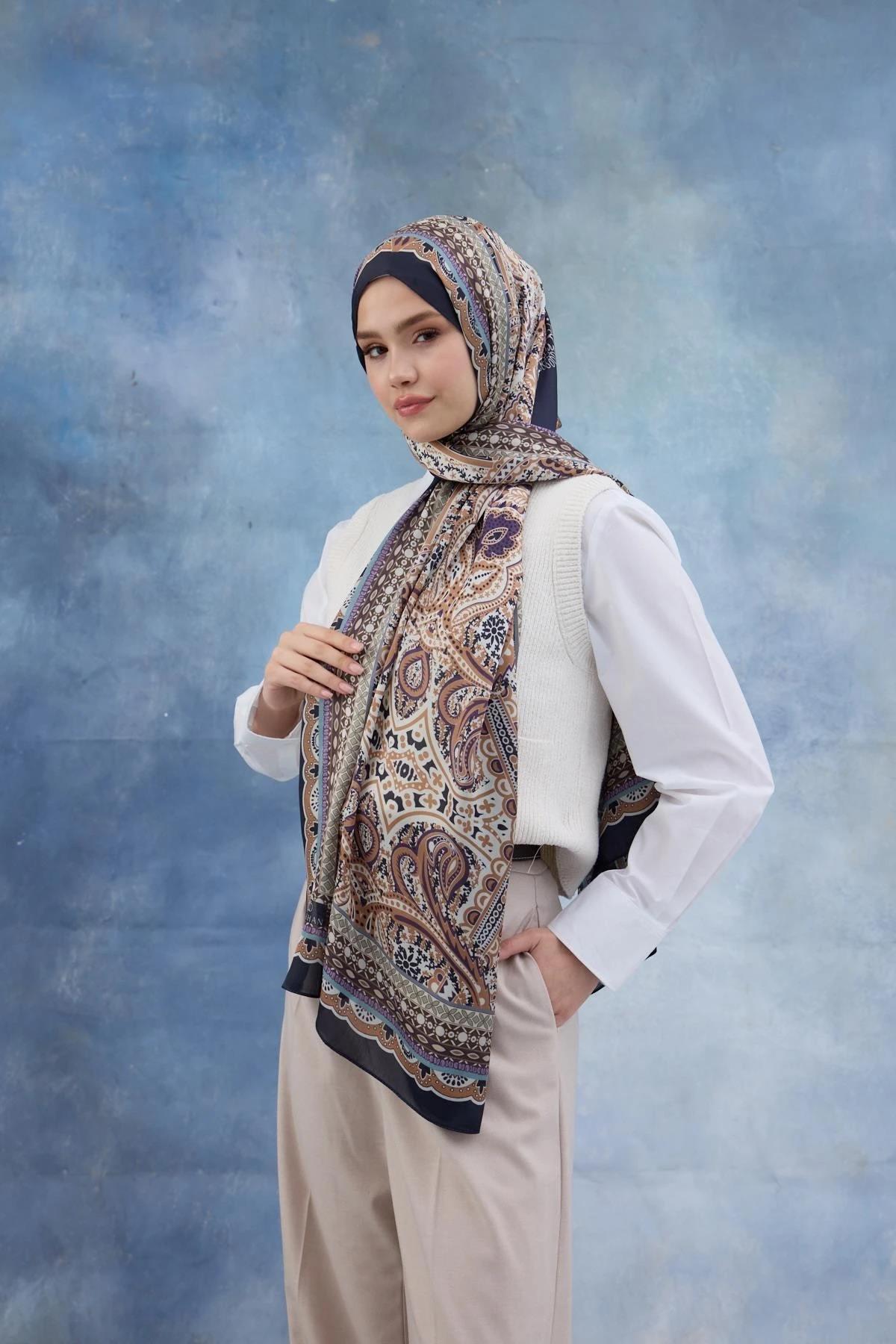 Lacivert Kahve Hint Vual Şal - 5005-03