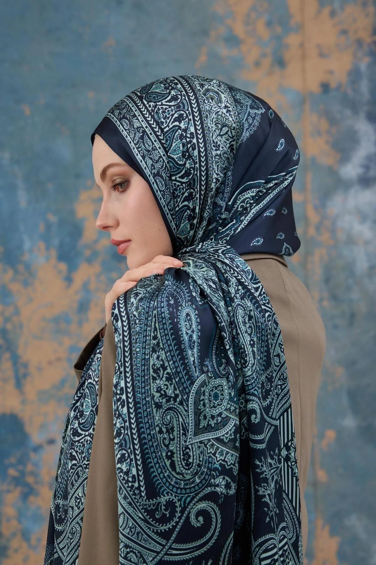 Lacivert Su Yeşili Hint Vual Şal - 5008-10