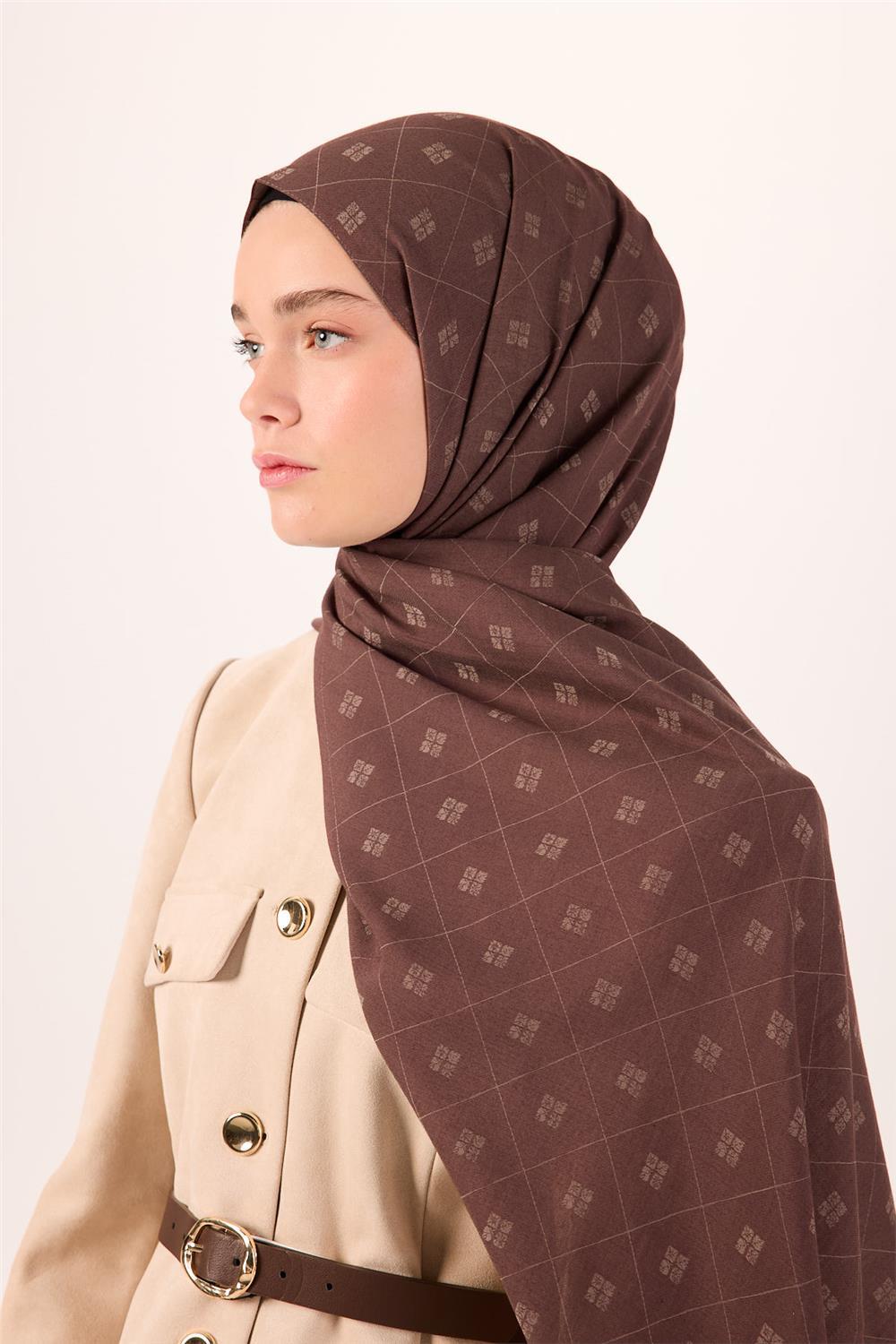 Pamuk Polyester Liva Şal Kahverengi Vizon Desenli Tok Duruşlu 90x200