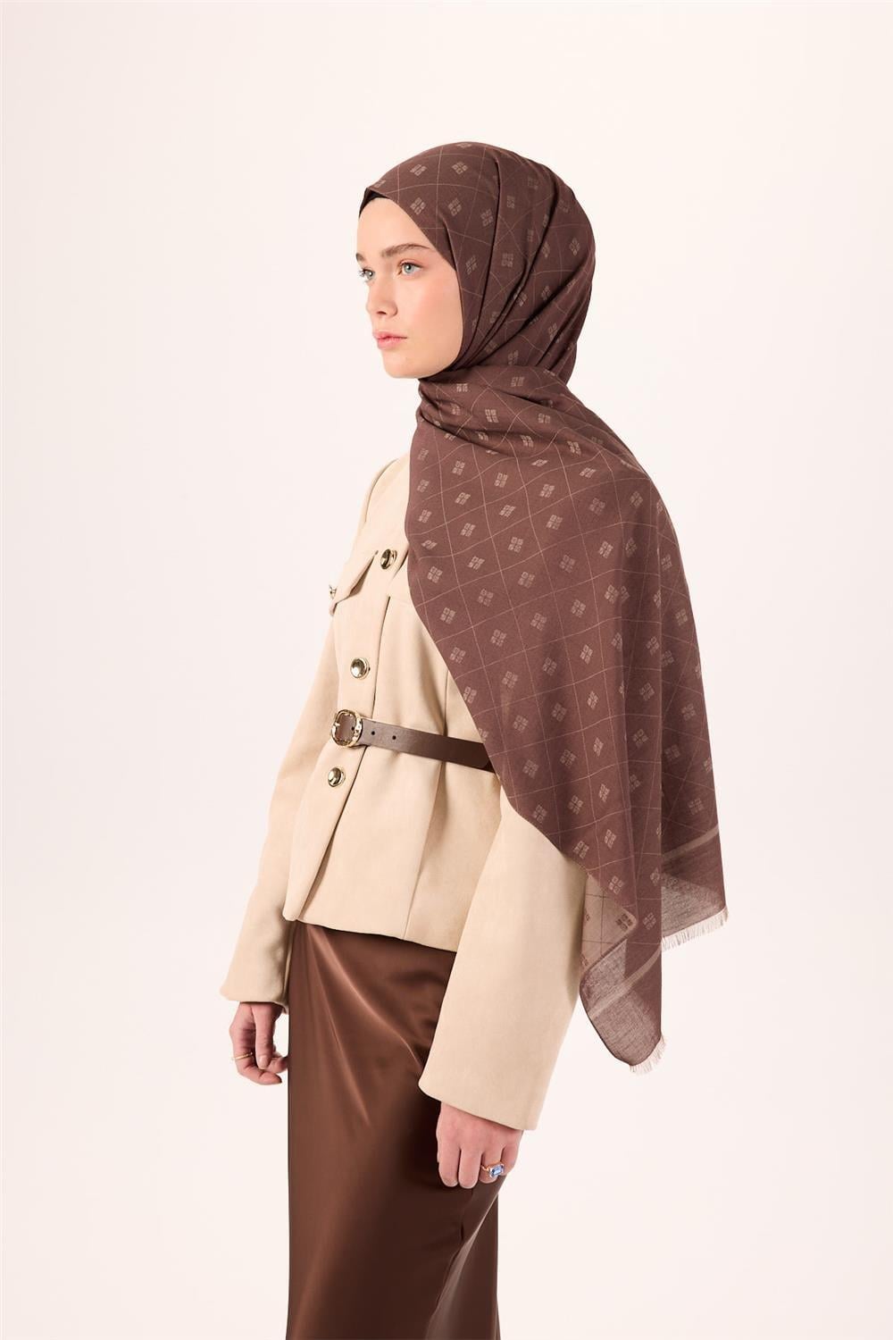 Pamuk Polyester Liva Şal Kahverengi Vizon Desenli Tok Duruşlu 90x200